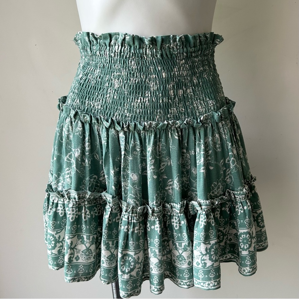 skylar + madison Boho Green Floral Tiered Flowy Skirt, S
